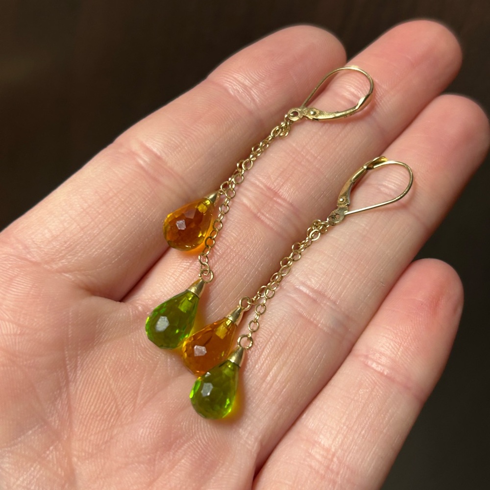 MORE PHOTOS Solid 10k unique Citrine Peridot Dangle Lever Back Earrings